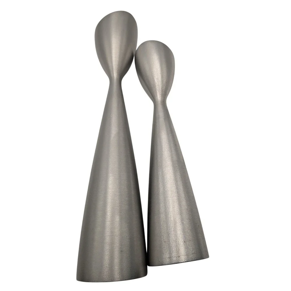 Vintage Mid Century Modern Brushed Silver Metal Taper Candlestick Holders Set 2